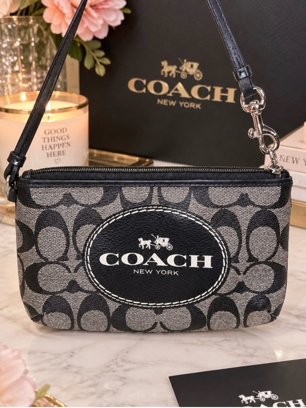 COACH Black and Gray Signature Canvas Crossbody Wristlet